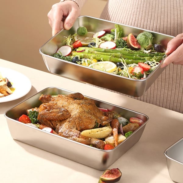 Plato de acero inoxidable convertible: Conserve y sirva con elegancia