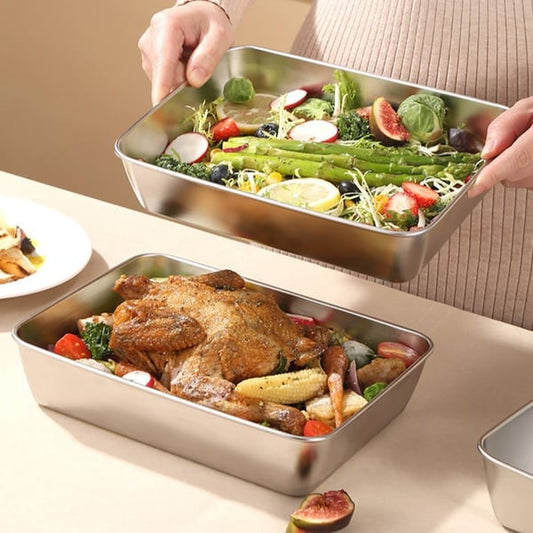Prato de inox conversível: Conserve e sirva com elegância
